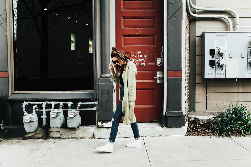 Pittsburgh Life & Personal Style Blogger, Jenna Boron, wearing an ASOS olive longline bomber jacket with white Sk8Hi VANS for Spring 2017