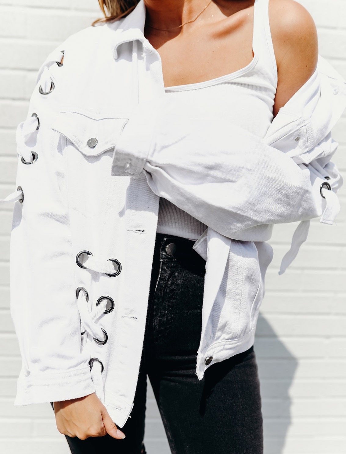 Jenna Boron of Balance and Chaos | Life and Personal Style Blog | Pittsburgh, PA | Wearing: Boohoo Lace Up White Denim Jacket