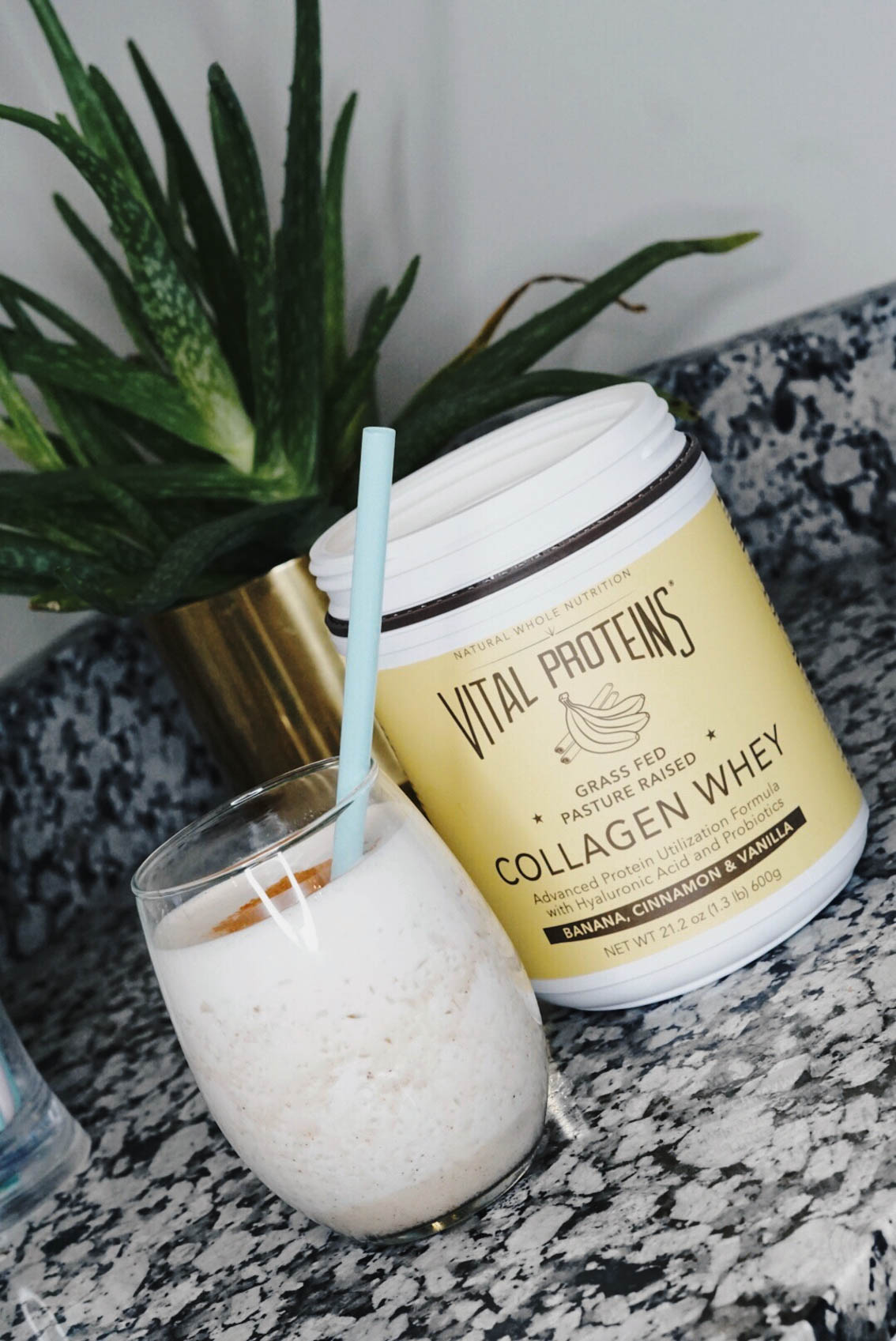 Jenna Boron of life and personal style blog, Balance and Chaos, shares her favorite Vital Proteins powder smoothie recipe which includes Banana, Cinnamon, & Vanilla Collagen Whey - Protein Formula with Hyaluronic Acid and Probiotics