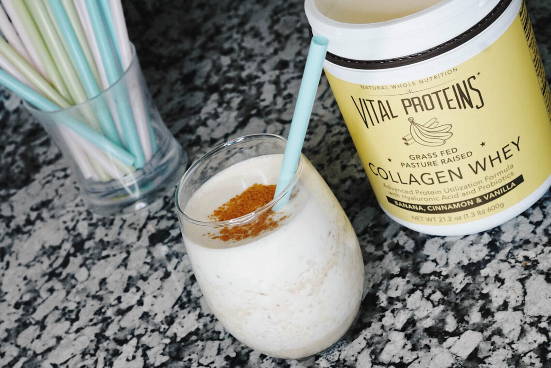 Jenna Boron of life and personal style blog, Balance and Chaos, shares her favorite Vital Proteins powder smoothie recipe which includes Banana, Cinnamon, & Vanilla Collagen Whey - Protein Formula with Hyaluronic Acid and Probiotics