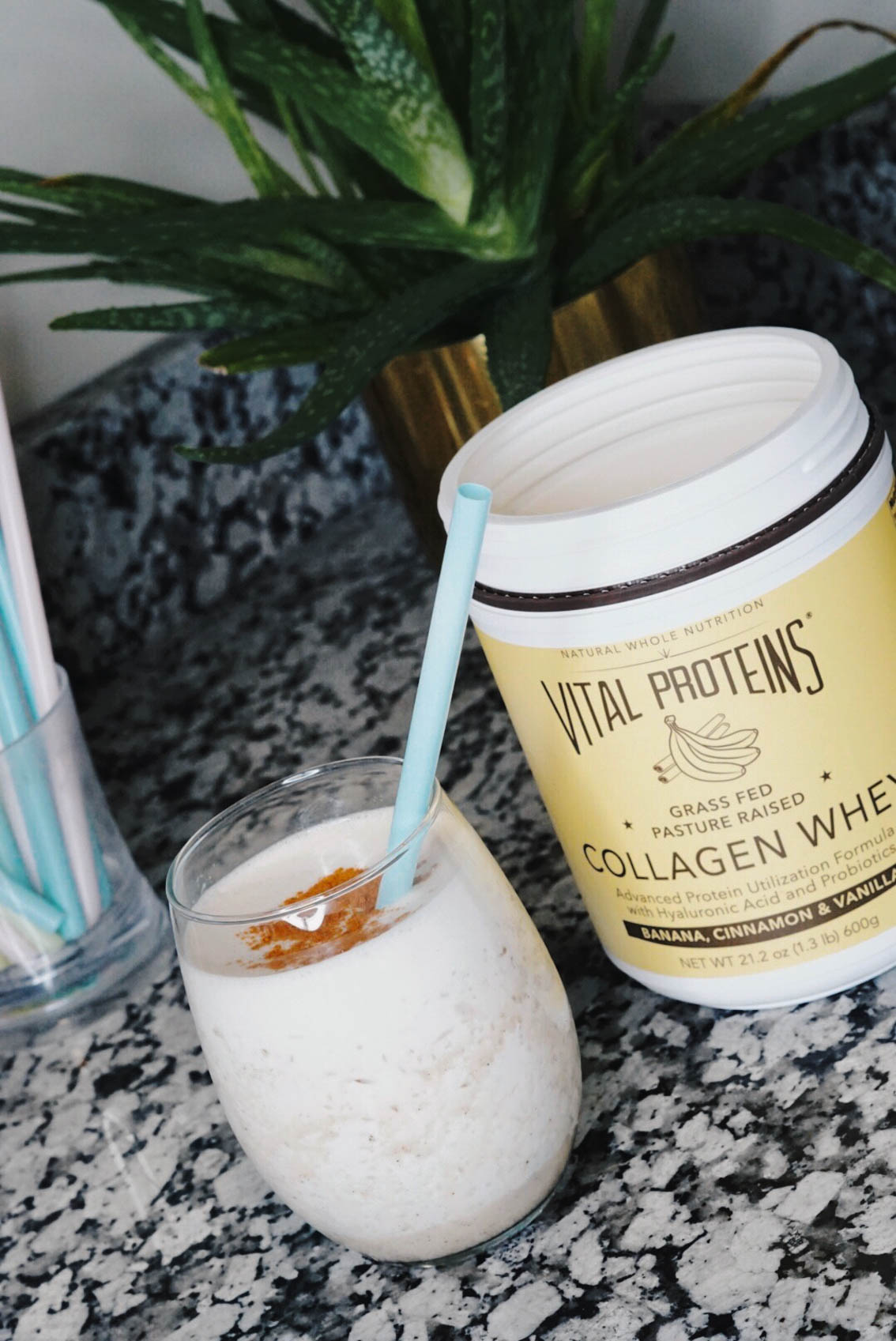 Jenna Boron of life and personal style blog, Balance and Chaos, shares her favorite Vital Proteins powder smoothie recipe which includes Banana, Cinnamon, & Vanilla Collagen Whey - Protein Formula with Hyaluronic Acid and Probiotics