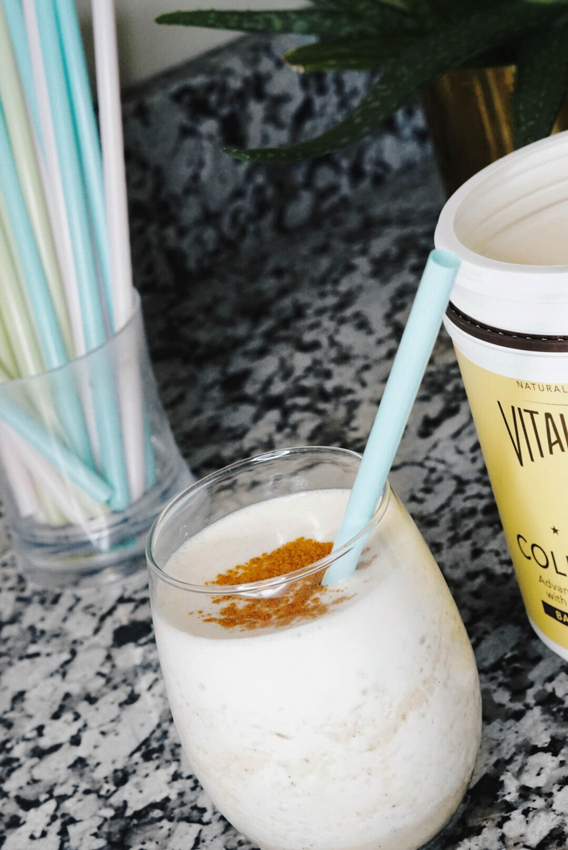 Jenna Boron of life and personal style blog, Balance and Chaos, shares her favorite Vital Proteins powder smoothie recipe which includes Banana, Cinnamon, & Vanilla Collagen Whey - Protein Formula with Hyaluronic Acid and Probiotics