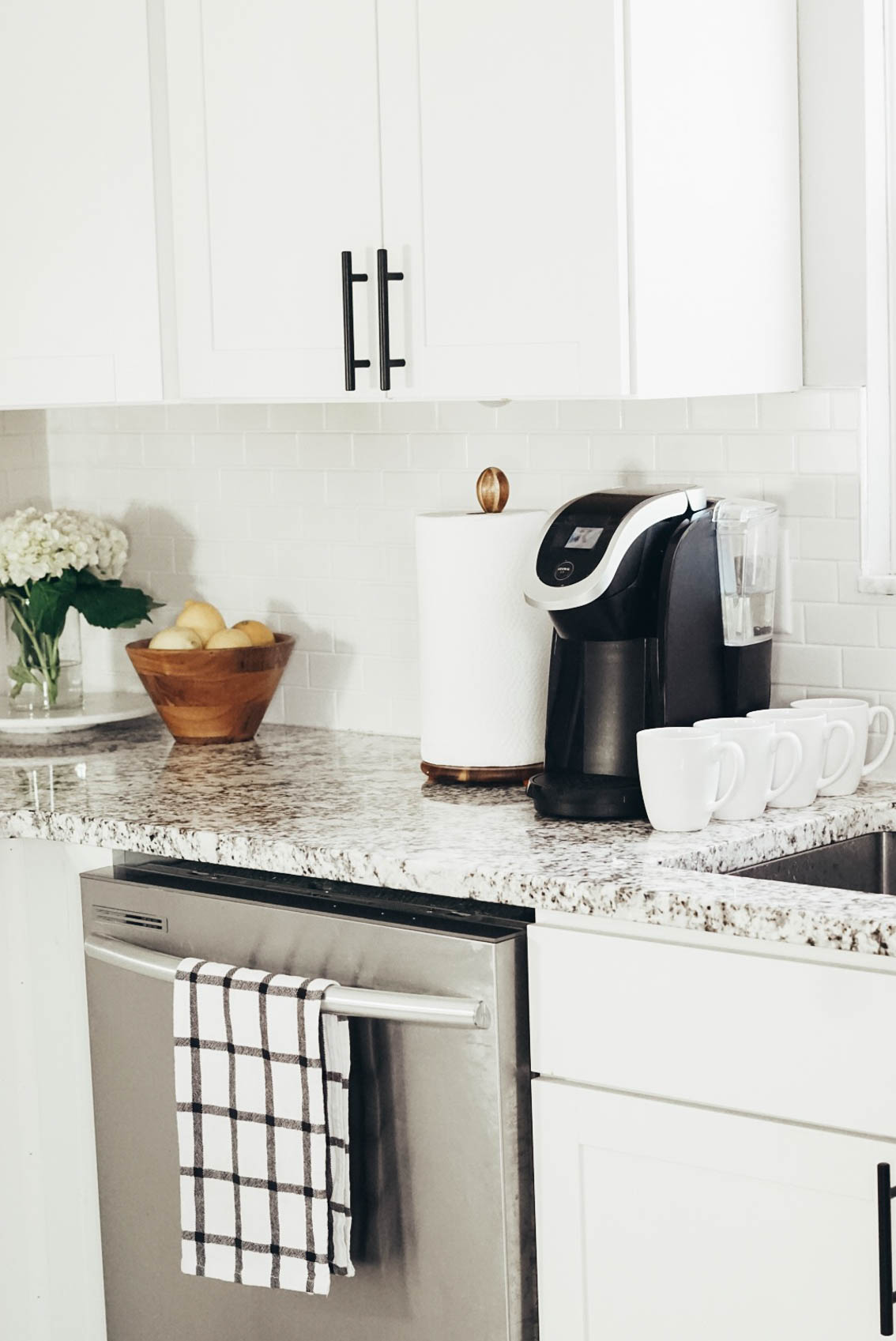 White kitchen cabinets and stainless steel appliances