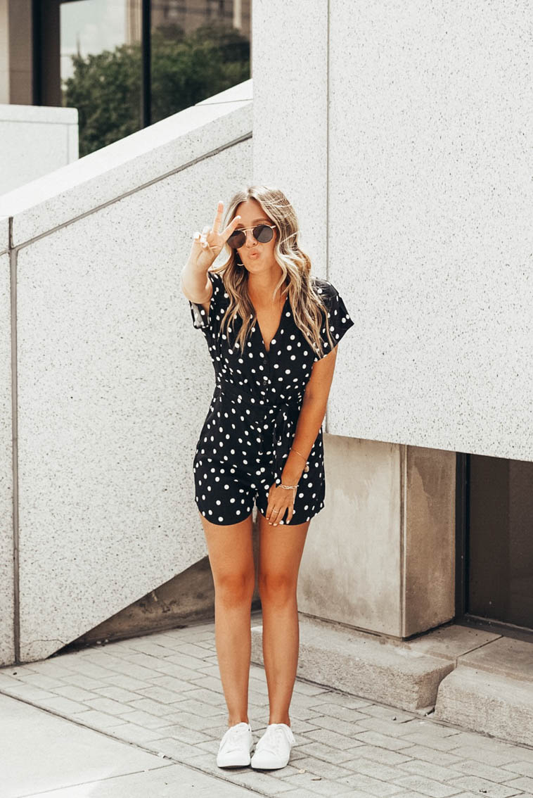 black and white polka dot romper